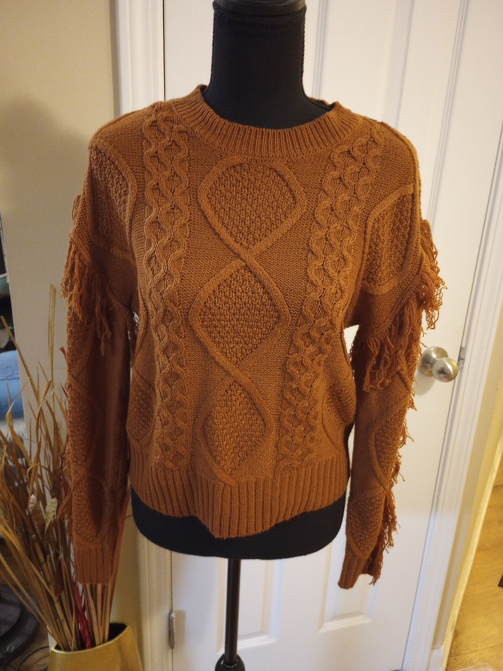 Derek Heart Cable Knit Fringe Sweater - Cinnamon Brown